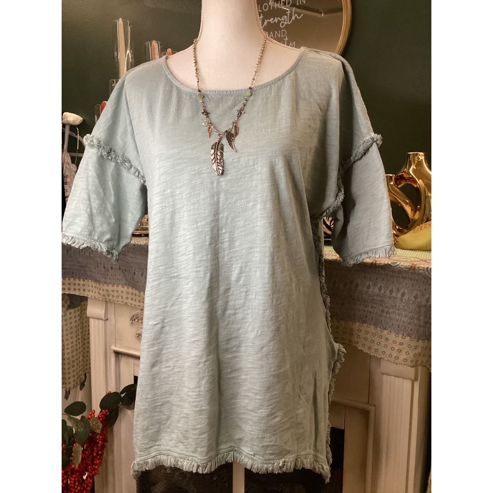 Umgee‎ USA Womens Sage Green Slub Knit Fringe Trim Tunic Top B0012 Size Small